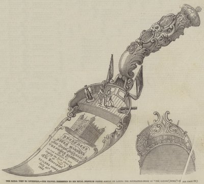 La visite royale à Liverpool, la truelle présentée à Son Altesse Royale le prince Albert lors de la pose de la première pierre de "La Maison des Marins" - English School