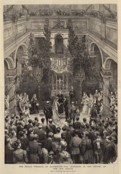 Le mariage royal à Darmstadt, la cérémonie dans la chapelle du vieux château (gravure) - English School