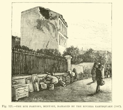 La rue Partono, Menton, endommagée par le tremblement de terre de la Riviera, 1887 - English School