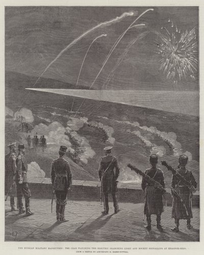 Les manœuvres militaires russes, le tsar observant la lumière de recherche électrique et le signalement de la fusée à Krasnoe-Selo (gravure) - English School