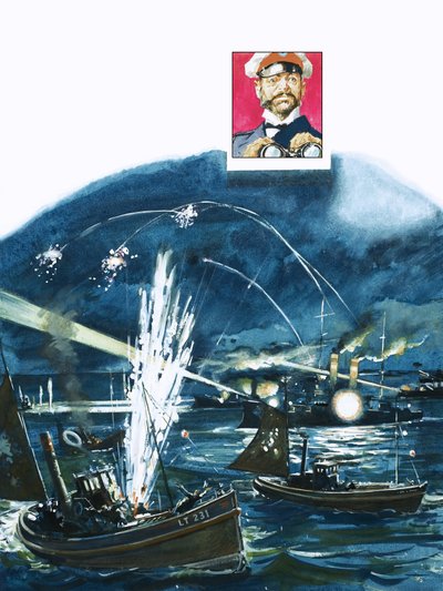 Les forces russes confondent une flotte de pêche britannique avec une embarcation japonaise en 1904. - English School