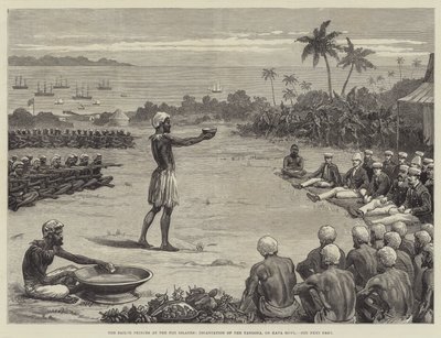Les princes marins aux îles Fidji, incantation du Yangona, ou bol de Kava (gravure) - English School
