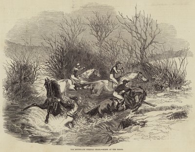 La course de steeple-chase de Southgate, scène au ruisseau (gravure) - English School