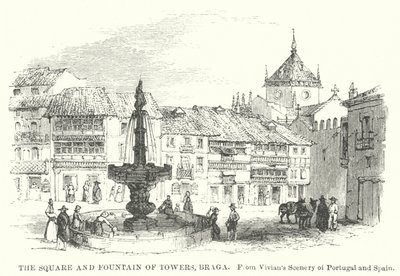 La place et la fontaine des tours, Braga (gravure) - English School