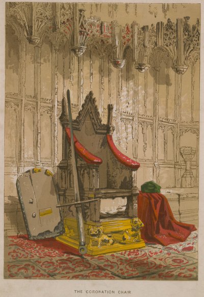 La Pierre de Scone dans le fauteuil de couronnement - English School