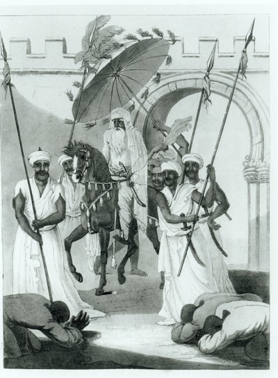 Le sultan du Maroc sortant pour donner audience, de Travels through France and Spain to Morocco par Maurice Keatinge, publié en 1817 - English School