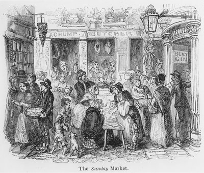 Le marché du dimanche, Londres (gravure) - English School