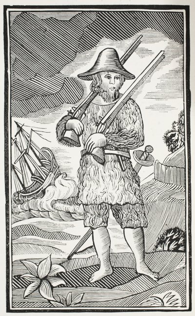 La vie surprenante et les aventures les plus étranges de Robinson Crusoé de la ville de York, marin, illustration de Chap-books du XVIIIe siècle par John Ashton, pub. 1882 - English School