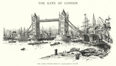 Le Tower Bridge depuis le quai de St Katharine (gravure) - English School