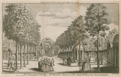 Les Arches Triomphales, la statue de M. Handel, dans la promenade sud des jardins de Vauxhall, Londres - English School