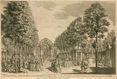 Les Arches Triomphales, la statue de M. Handel, dans la promenade sud des jardins de Vauxhall, Londres - English School
