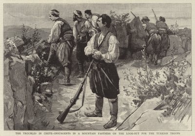 Les troubles en Crète, insurgés dans une forteresse de montagne guettant les troupes turques - English School
