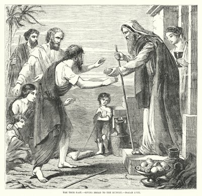 Le vrai jeûne, donner du pain aux affamés, Isaïe LVIII (gravure) - English School