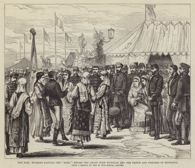 La guerre, les Roumains dansant la "Hora" devant le grand-duc Nicolas et le prince et la princesse de Roumanie - English School