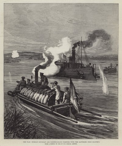 La guerre, canonnière russe et torpilleurs combattant les batteries près de Silistria - English School