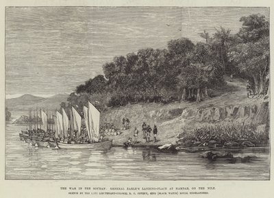 La guerre au Soudan, lieu de débarquement du général Earle à Hamdab, sur le Nil (gravure) - English School
