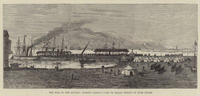 La guerre au Soudan, le camp des troupes noires de Zobehr Pacha aux docks de Suez (gravure) - English School