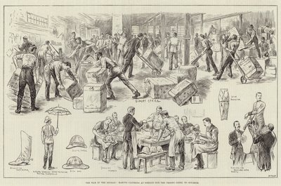 La guerre au Soudan, confection de vêtements à Pimlico pour les troupes allant à Souakim (gravure) - English School