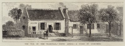 La guerre au Transvaal, Afrique du Sud, un magasin à Lydenberg (gravure) - English School