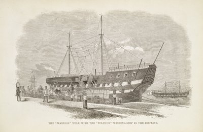 Le Hulk Warrior avec le navire de lavage au soufre au loin, extrait de The Criminal Prisons of London and Scenes of Prison Life par Henry Mayhew et John Binny, 1862 - English School