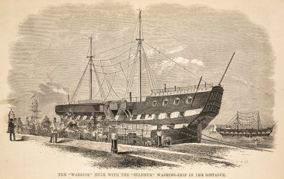 Le hulk Warrior avec le navire de lavage Sulphur au loin, illustration de The Criminal Prisons of London and Scenes from Prison Life par Henry Mayhew et John Binny, pub. 1862 - English School