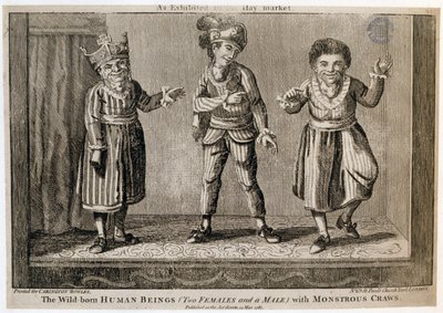 Les Êtres Humains Sauvages (Deux Femmes et un Homme) avec des Goitres Monstrueux, Exposés au Haymarket, imprimé pour Carington Bowles, 1787 - English School