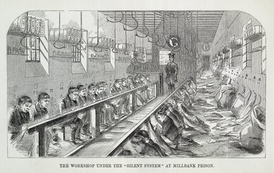 Atelier sous le système silencieux à la prison de Millbank, extrait de The Criminal Prisons of London and Scenes of Prison Life par Henry Mayhew et John Binny, 1862 - English School
