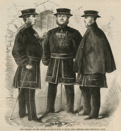Les Yeomen de la Garde à la Tour dans leur nouveau costume - English School