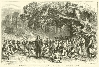 "Les assemblées se tenaient parfois dans un bois, où les foules se pressaient pour écouter la parole de Dieu" (gravure) - English School