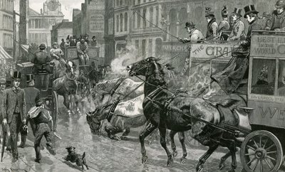 La bataille des rues de Londres - Ludgate Hill par un jour glissant - English School