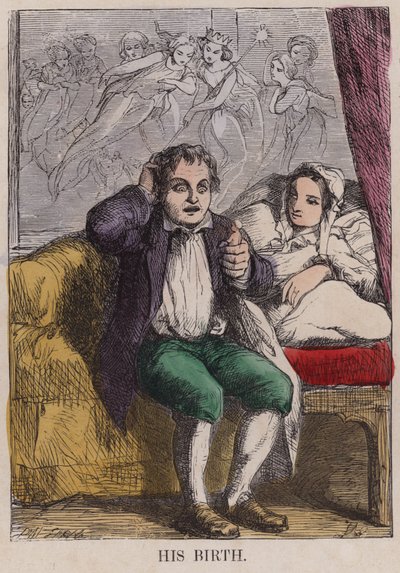 La naissance de Tom Pouce (gravure en couleur) - English School