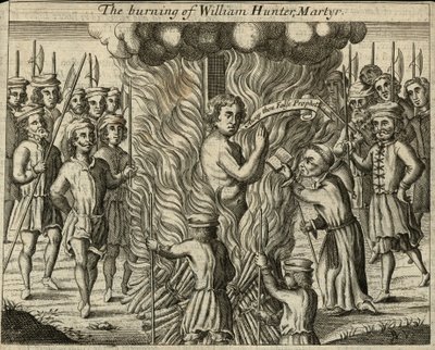 Le bûcher de William Hunter, martyr (gravure) - English School