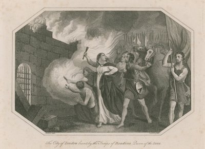 La ville de Londres brûlée par les troupes de Boadicée, reine des Icènes - English School