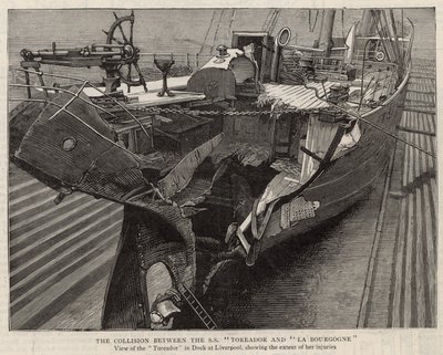 La collision entre le SS Toreador et La Bourgogne ; vue du Toreador au quai de Liverpool - English School