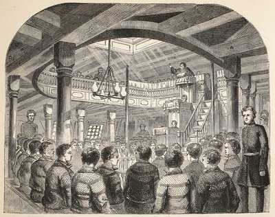 La chapelle des condamnés à bord du Defence hulk à Woolwich, illustration de The Criminal Prisons of London and Scenes from Prison Life par Henry Mayhew et John Binny, pub. 1862 - English School
