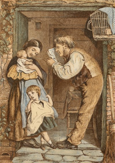 La porte du cottage, père jouant avec son enfant - English School
