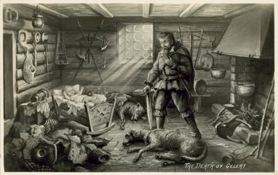 La mort de Gelert, le chien de Llewellyn, scène du poème de William Robert Spencer Beth Gelert; ou, la tombe du lévrier - English School