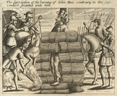 La description du bûcher de Jean Hus, contrairement au sauf-conduit qui lui avait été accordé (gravure) - English School