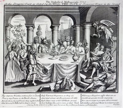 Le bal masqué diabolique, ou le festin des dragons joué par le Hell-Fire-Club, à Somerset House dans le Strand, vers 1721 - English School