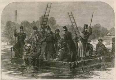 La catastrophe sur la glace à Regents Park ; Plongeurs cherchant les morts - English School