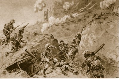 Les terribles creux qui menaient à Oppy Wood, les bombardiers britanniques travaillant le long des tranchées allemandes, 1914-19 - English School