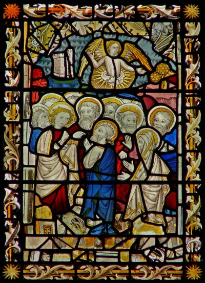 La fenêtre est représentant les Apôtres se rassemblant (pour les funérailles de la Vierge?) - English School
