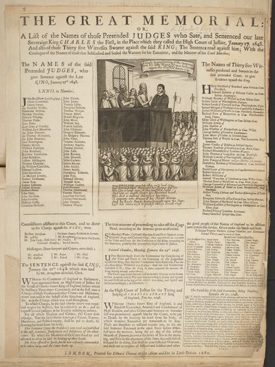Le grand mémorial, ou, Une liste des noms de ces prétendus juges qui ont siégé et condamné notre défunt souverain le roi Charles Ier, dans le lieu qu