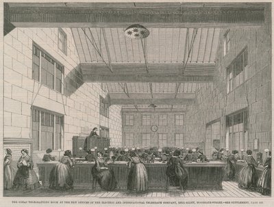 La grande salle de télégraphie dans les nouveaux bureaux de la Compagnie Télégraphique Électrique et Internationale - English School
