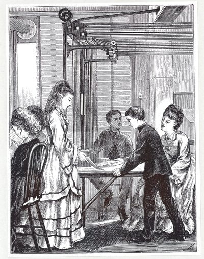 Les instruments pour transmettre des messages au siège du télégraphe de la poste, Telegraph Street, Londres, du Graphic, 1871 - English School