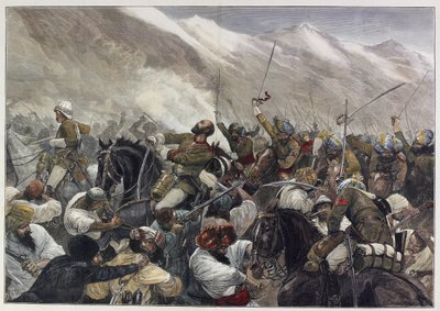 La dernière guerre afghane : Mort du Major Wigram Battye dans la bataille de Futtehabad le 30 avril (gravure en couleur) - English School