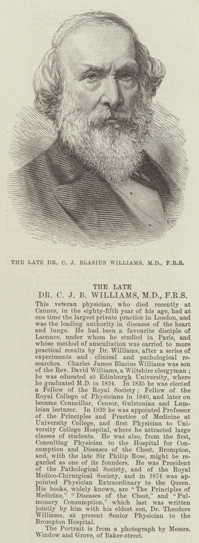 Le défunt Dr C J Blasius Williams, MD, FRS - English School