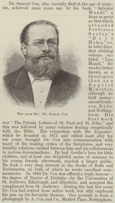 Le défunt Révérend Dr Samuel Cox (gravure) - English School
