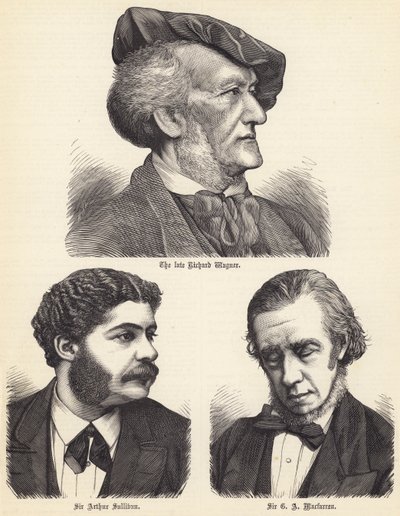 Feu Richard Wagner, Sir Arthur Sullivan, Sir G A Macfarren (gravure) - English School