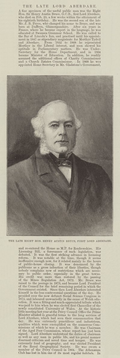Feu le très honorable Henry Austin Bruce, premier Lord Aberdare (gravure) - English School